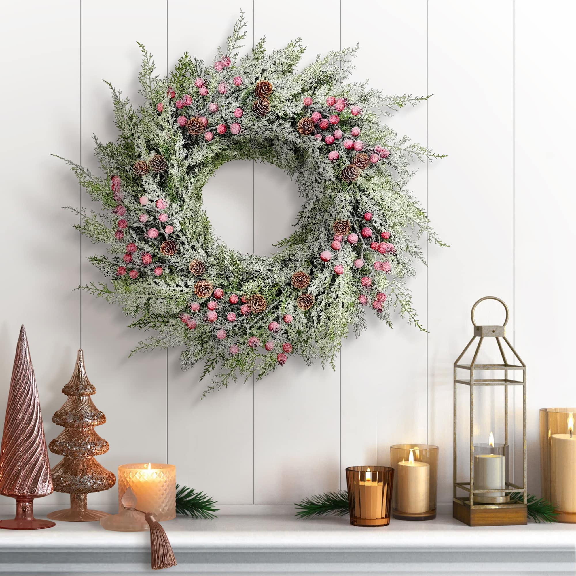 24" Flocked Green Adorned Artificial Wreath with Pinecones & Red Berries